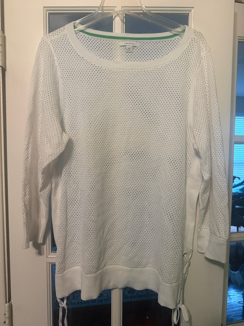 Nautica White Open-Weave Side-Tie Crewneck Sweater